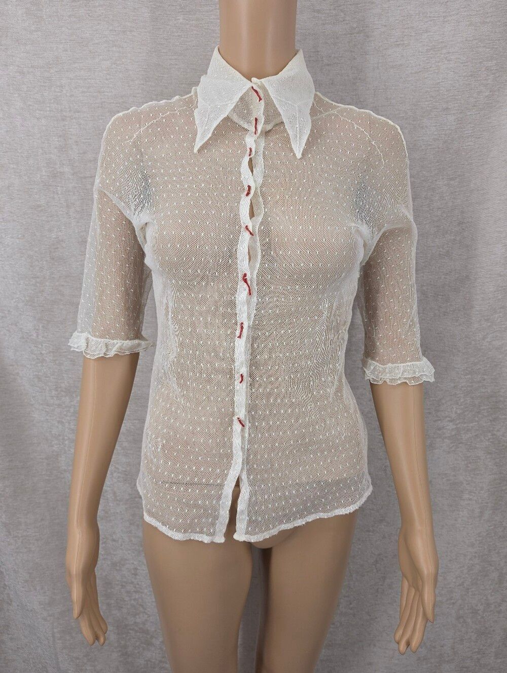 Gianni Versace Couture Vintage Sheer White Dot Lace Mesh Genuine Red Coral Top